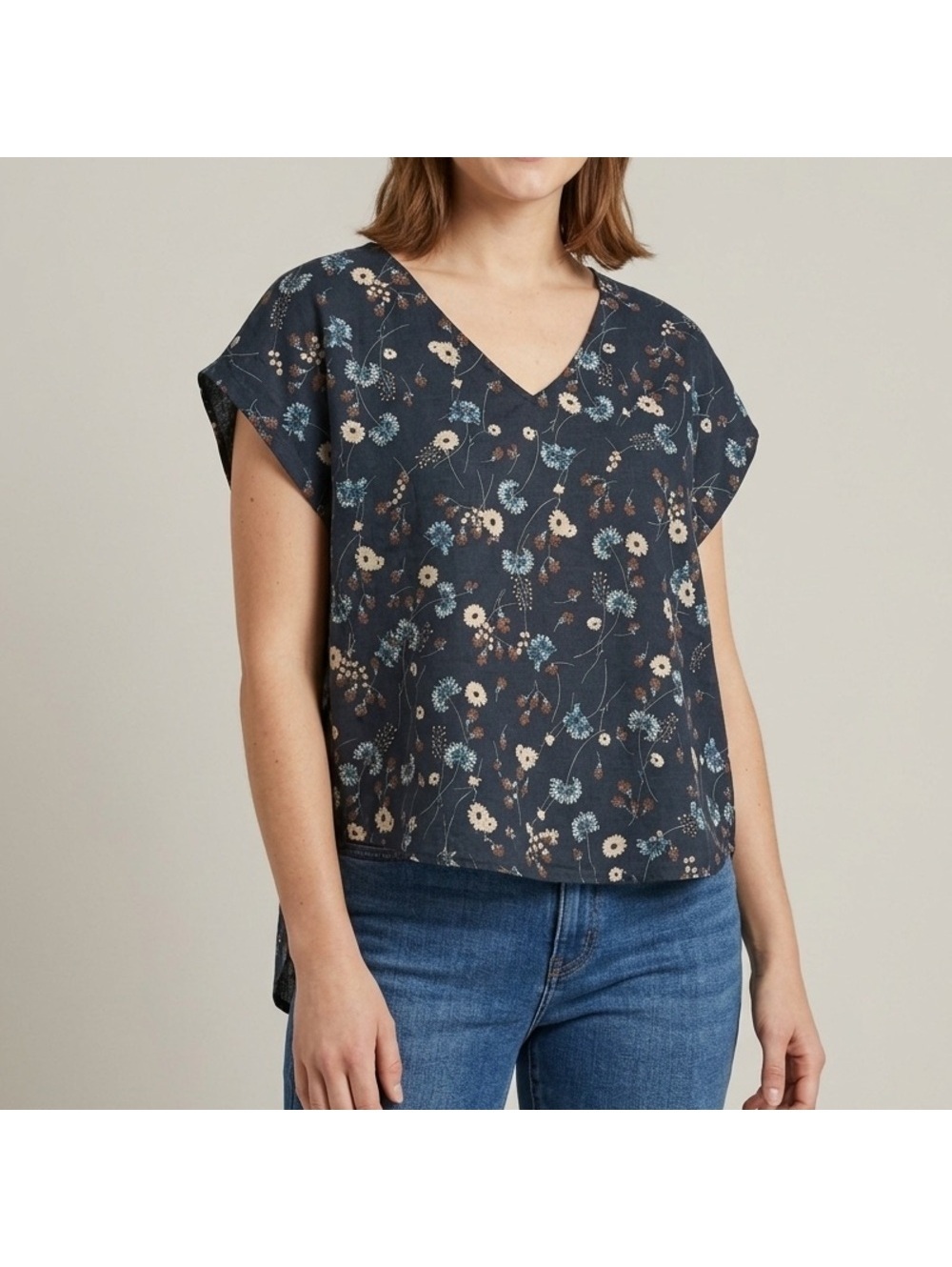 ANA A New Approach Cottage Boho Navy Floral Cotton/rayon Blend Blouse size XL